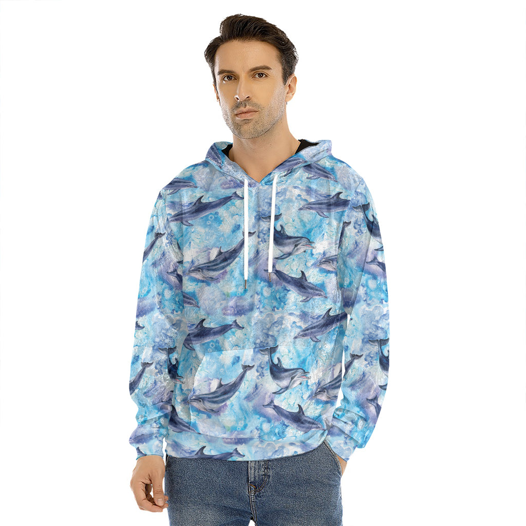 Watercolor Dolphin In The Sea Print Men's Velvet Pullover Hoodie