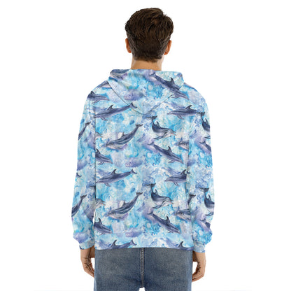 Watercolor Dolphin In The Sea Print Men's Velvet Pullover Hoodie