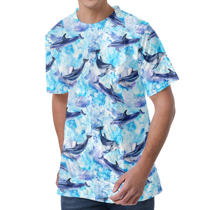 Watercolor Dolphin In The Sea Print Men's Velvet T-Shirt