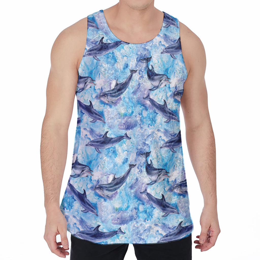 Watercolor Dolphin In The Sea Print Men's Velvet Tank Top