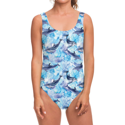 Watercolor Dolphin In The Sea Print One Piece Swimsuit