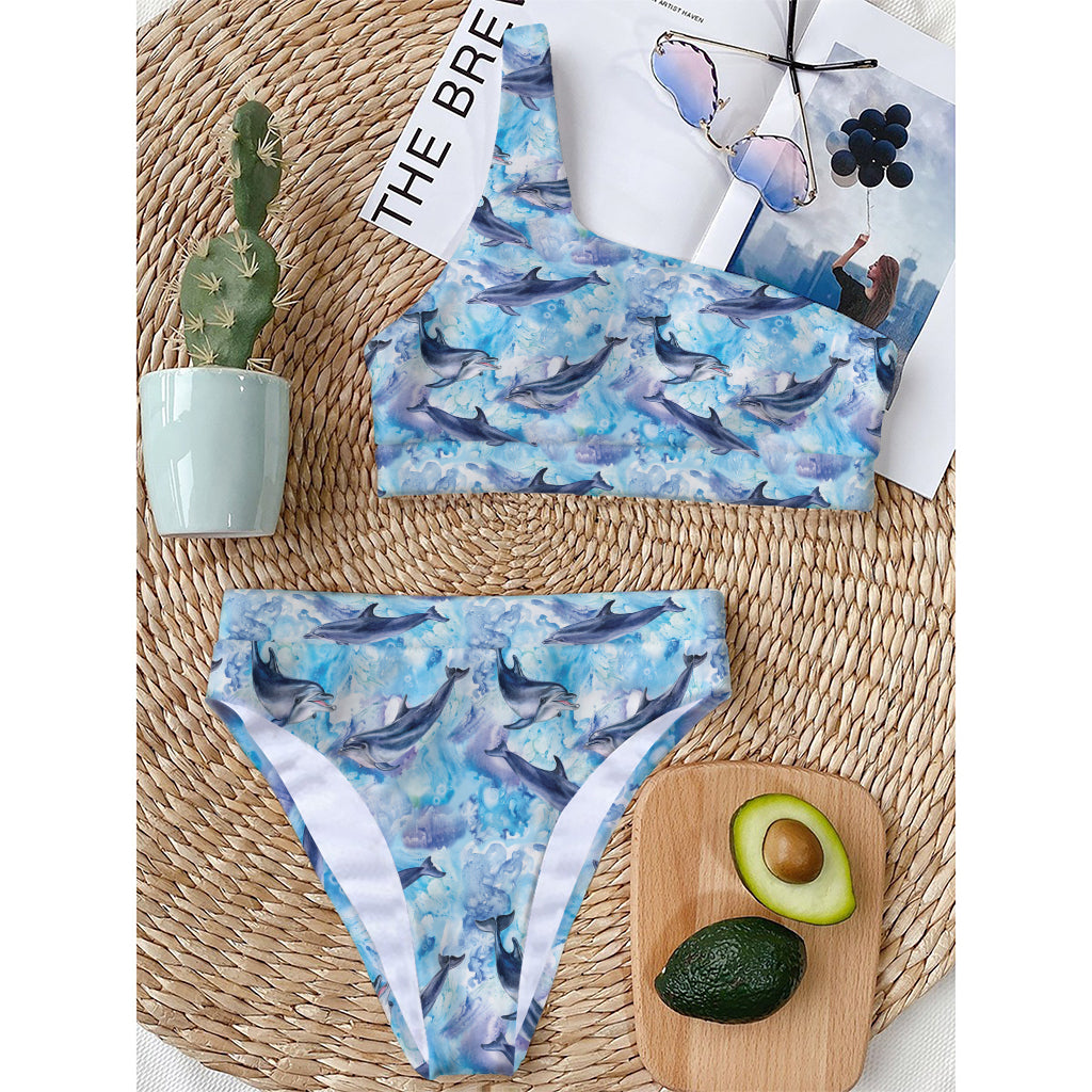 Watercolor Dolphin In The Sea Print One Shoulder Bikini Top