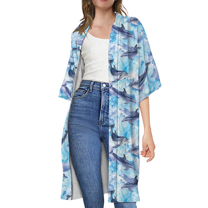 Watercolor Dolphin In The Sea Print Open Front Beach Cover Up