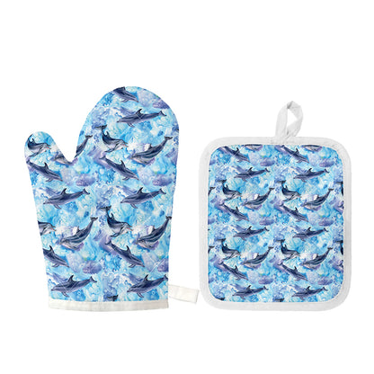 Watercolor Dolphin In The Sea Print Oven Mitt And Pot Holder Set