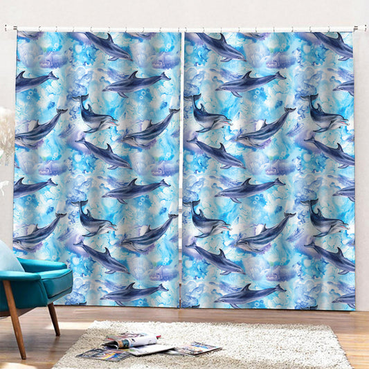Watercolor Dolphin In The Sea Print Pencil Pleat Curtains