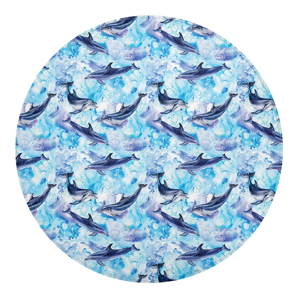 Watercolor Dolphin In The Sea Print Round Blanket