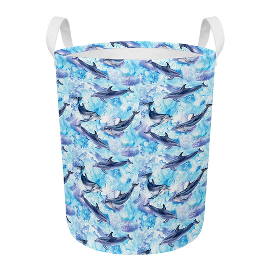 Watercolor Dolphin In The Sea Print Round Laundry Basket