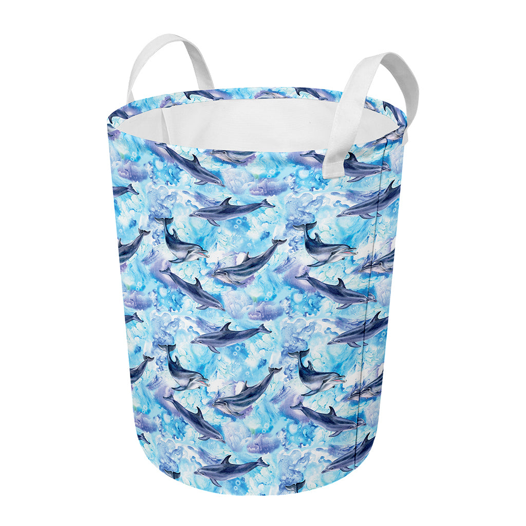 Watercolor Dolphin In The Sea Print Round Laundry Basket