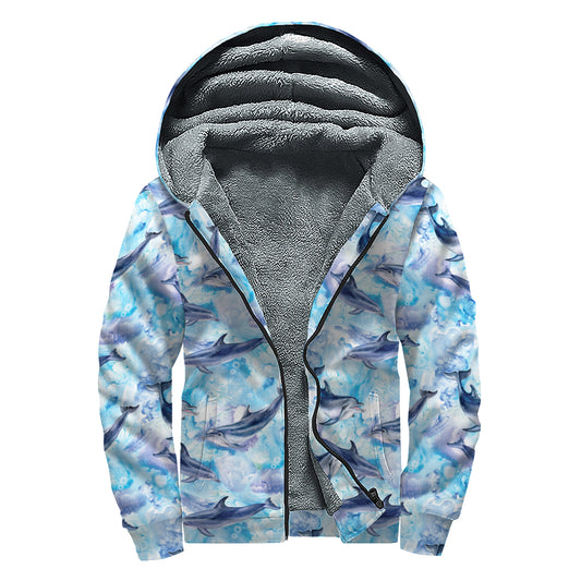 Watercolor Dolphin In The Sea Print Sherpa Lined Zip Up Hoodie