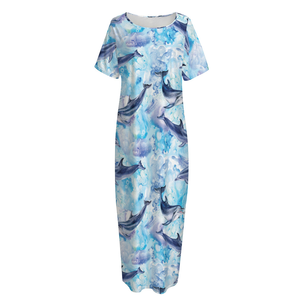 Watercolor Dolphin In The Sea Print Short Sleeve Long Nightdress