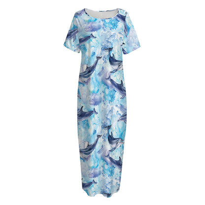 Watercolor Dolphin In The Sea Print Short Sleeve Long Nightdress