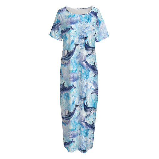 Watercolor Dolphin In The Sea Print Short Sleeve Long Nightdress
