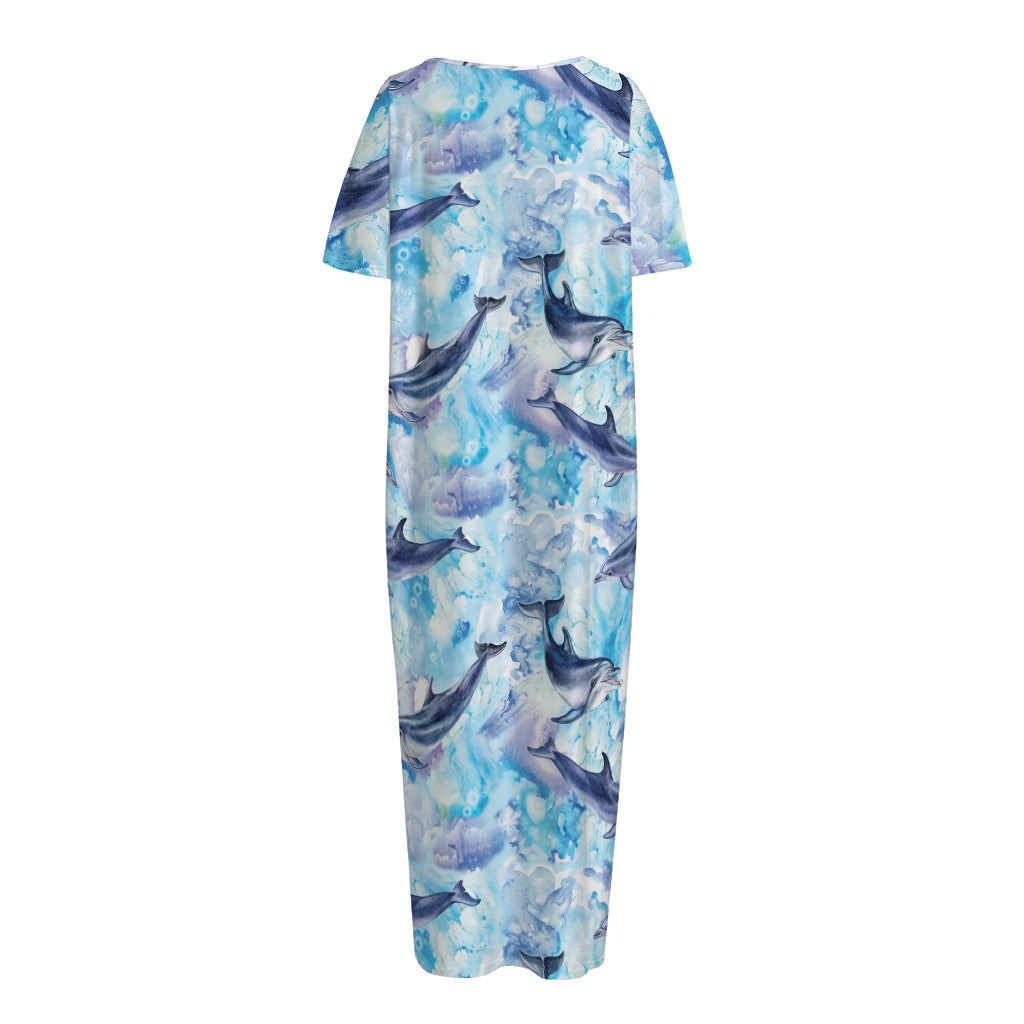 Watercolor Dolphin In The Sea Print Short Sleeve Long Nightdress