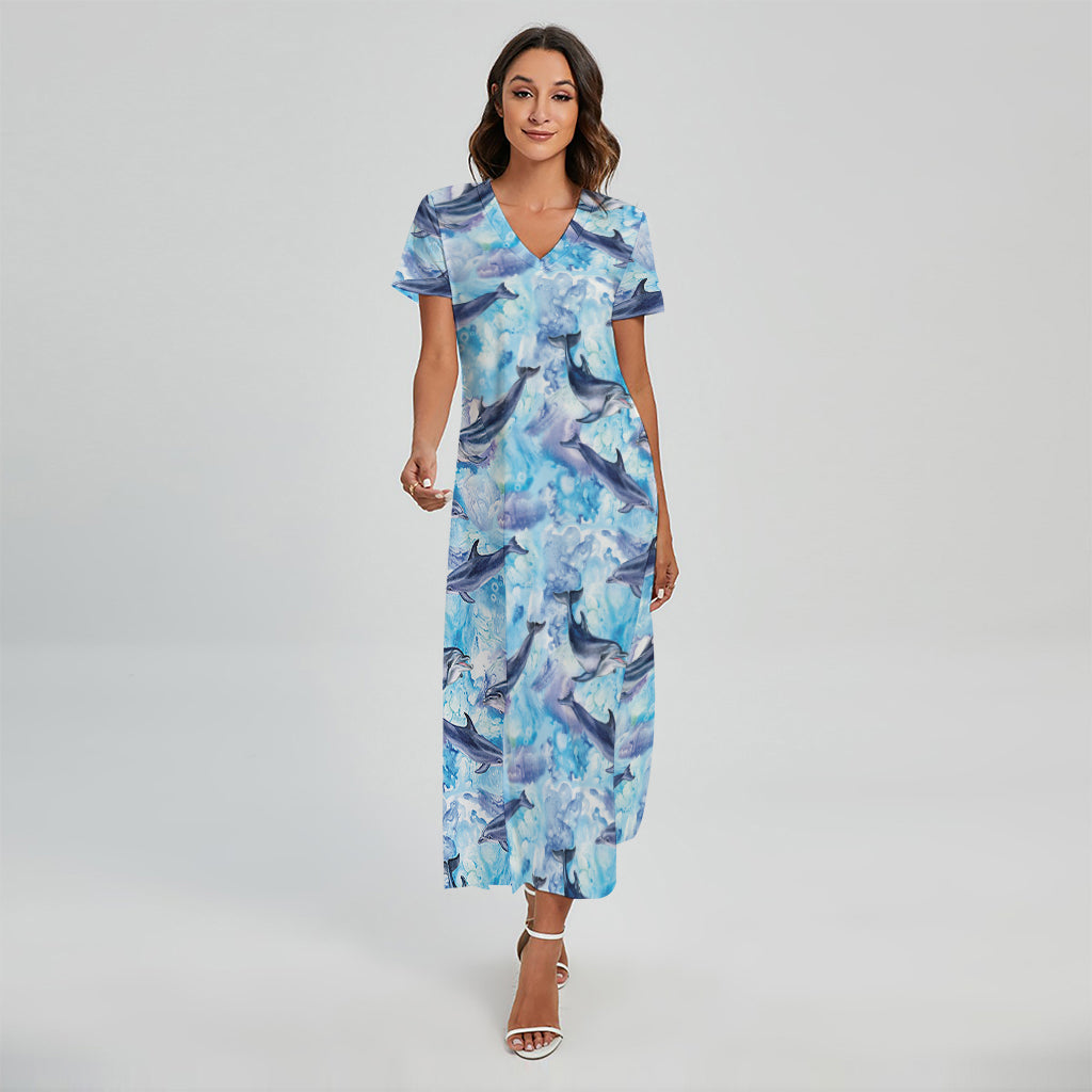 Watercolor Dolphin In The Sea Print Short Sleeve Maxi Dress