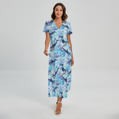 Watercolor Dolphin In The Sea Print Short Sleeve Maxi Dress