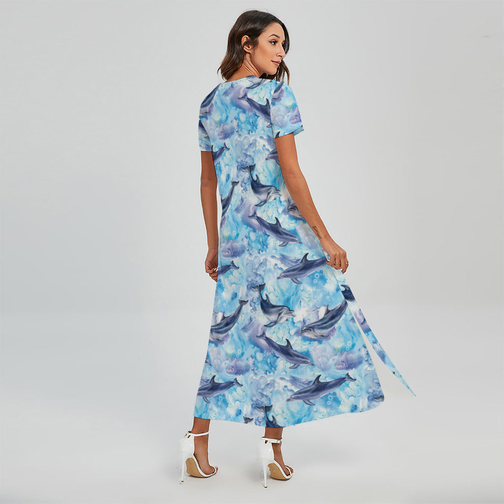 Watercolor Dolphin In The Sea Print Short Sleeve Maxi Dress