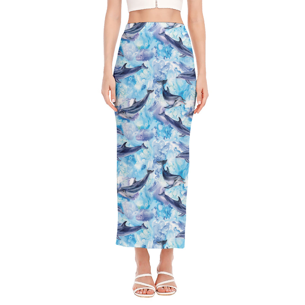 Watercolor Dolphin In The Sea Print Side Slit Maxi Skirt