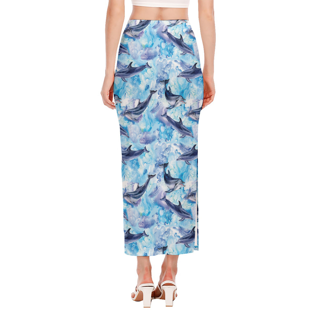 Watercolor Dolphin In The Sea Print Side Slit Maxi Skirt