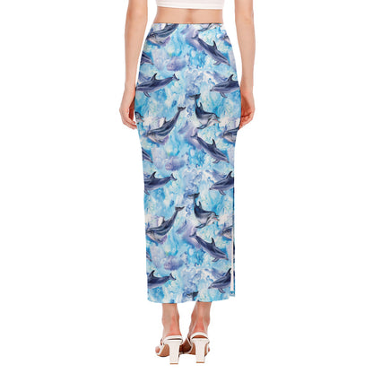 Watercolor Dolphin In The Sea Print Side Slit Maxi Skirt