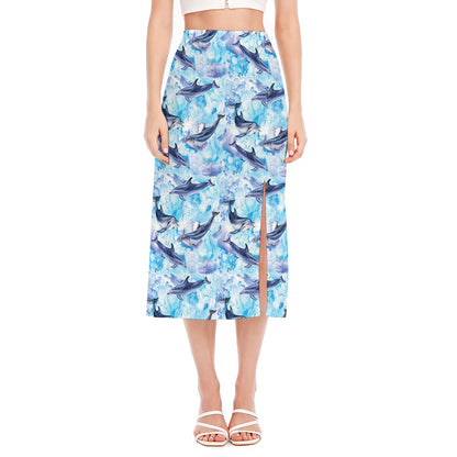 Watercolor Dolphin In The Sea Print Side Slit Midi Skirt