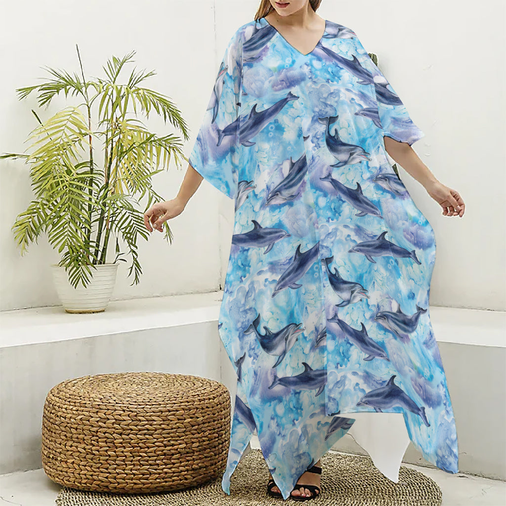 Watercolor Dolphin In The Sea Print Silk V-Neck Kaftan Dress
