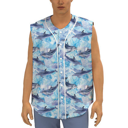 Watercolor Dolphin In The Sea Print Sleeveless Baseball Jersey