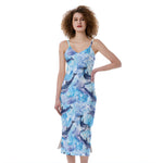 Watercolor Dolphin In The Sea Print Slim Fit Midi Cami Dress
