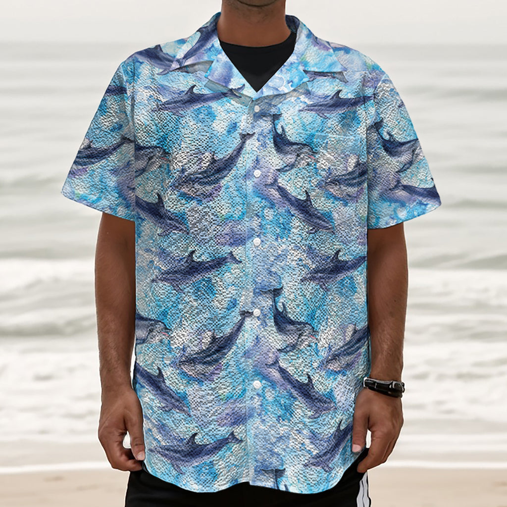 Watercolor Dolphin In The Sea Print Textured Short Sleeve Shirt