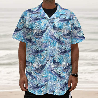 Watercolor Dolphin In The Sea Print Textured Short Sleeve Shirt
