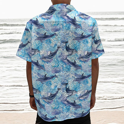 Watercolor Dolphin In The Sea Print Textured Short Sleeve Shirt