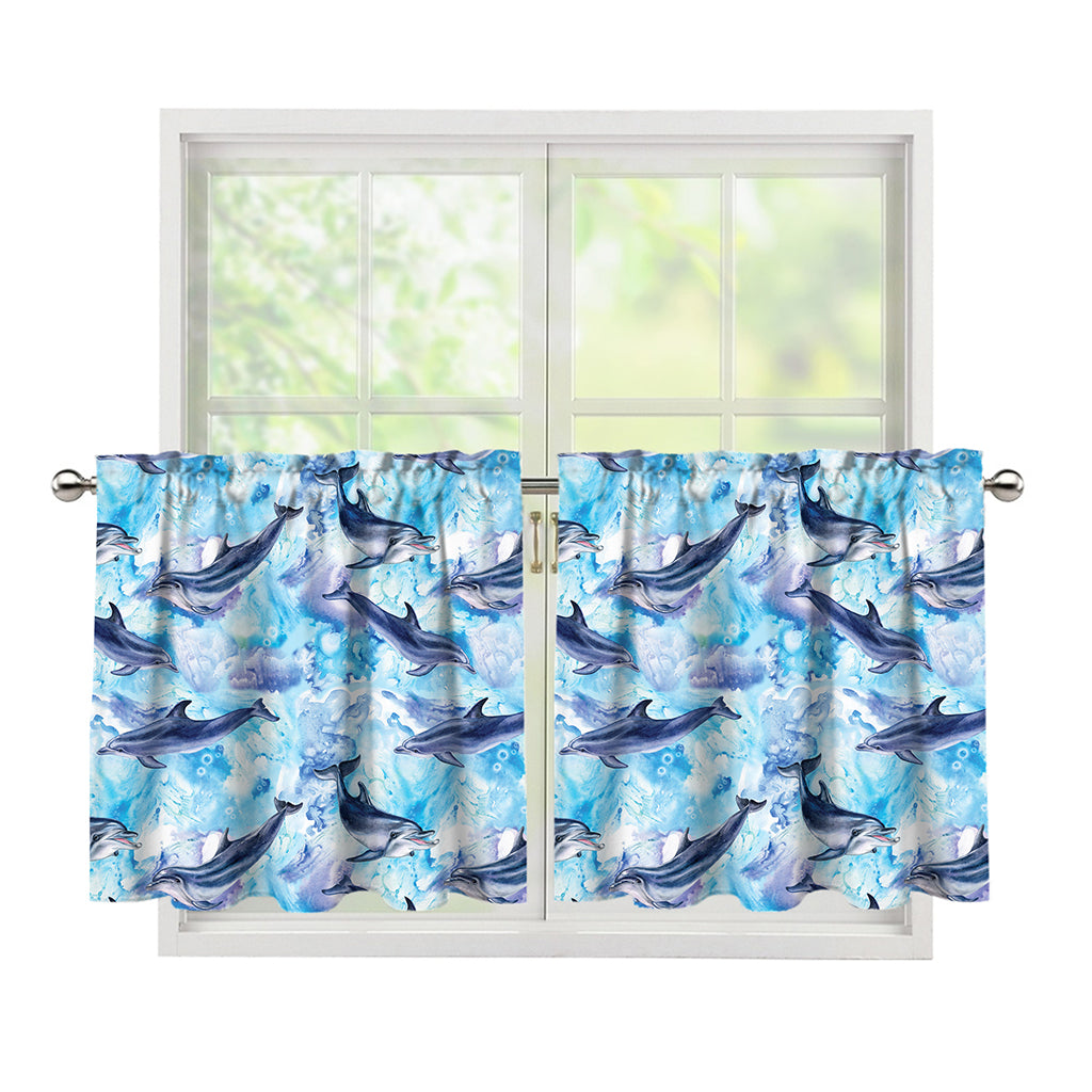 Watercolor Dolphin In The Sea Print Tier Curtains