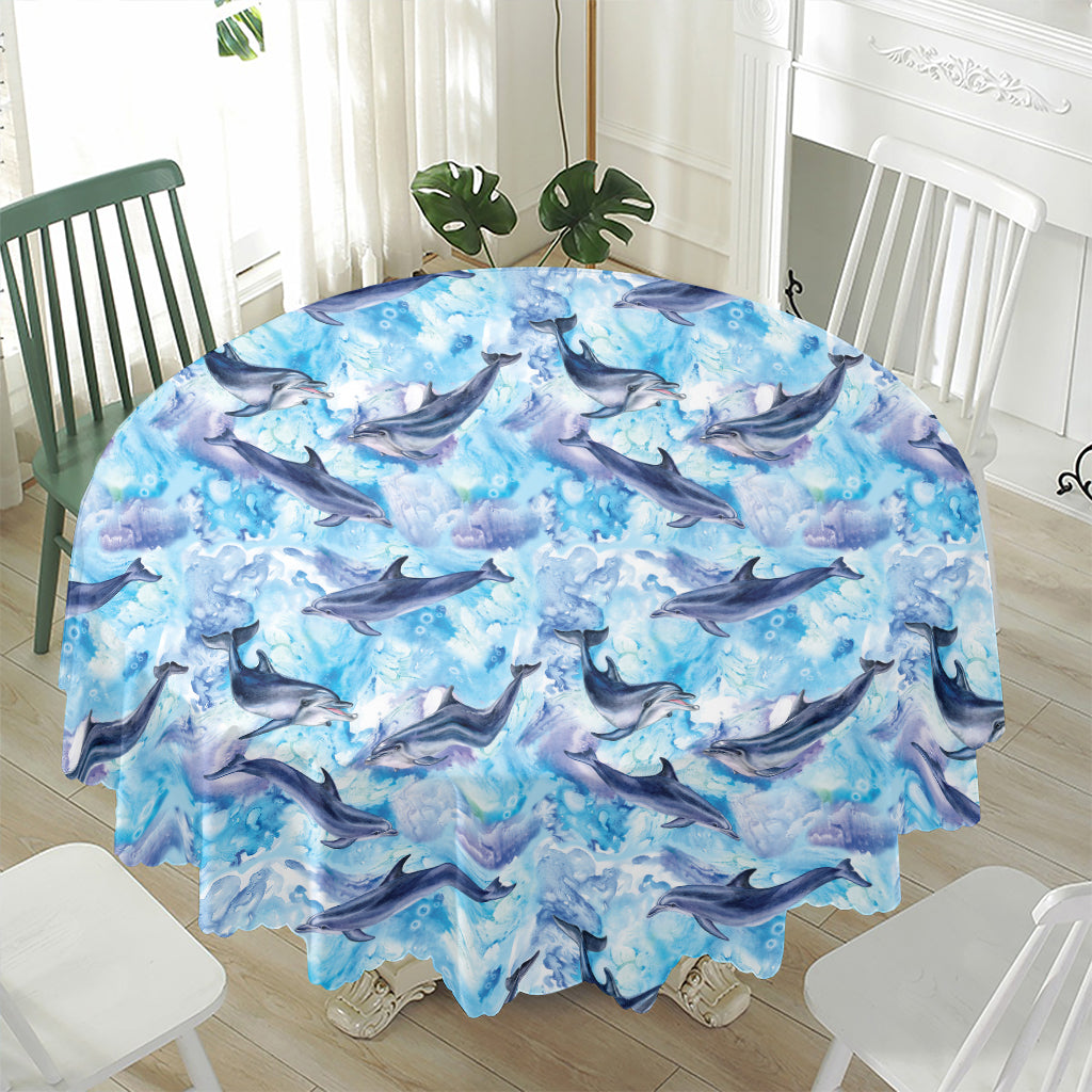 Watercolor Dolphin In The Sea Print Waterproof Round Tablecloth