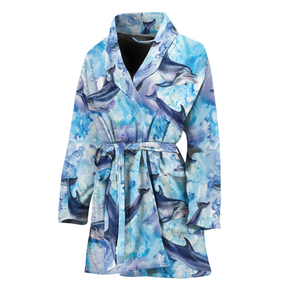 Watercolor Dolphin In The Sea Print Women's Bathrobe