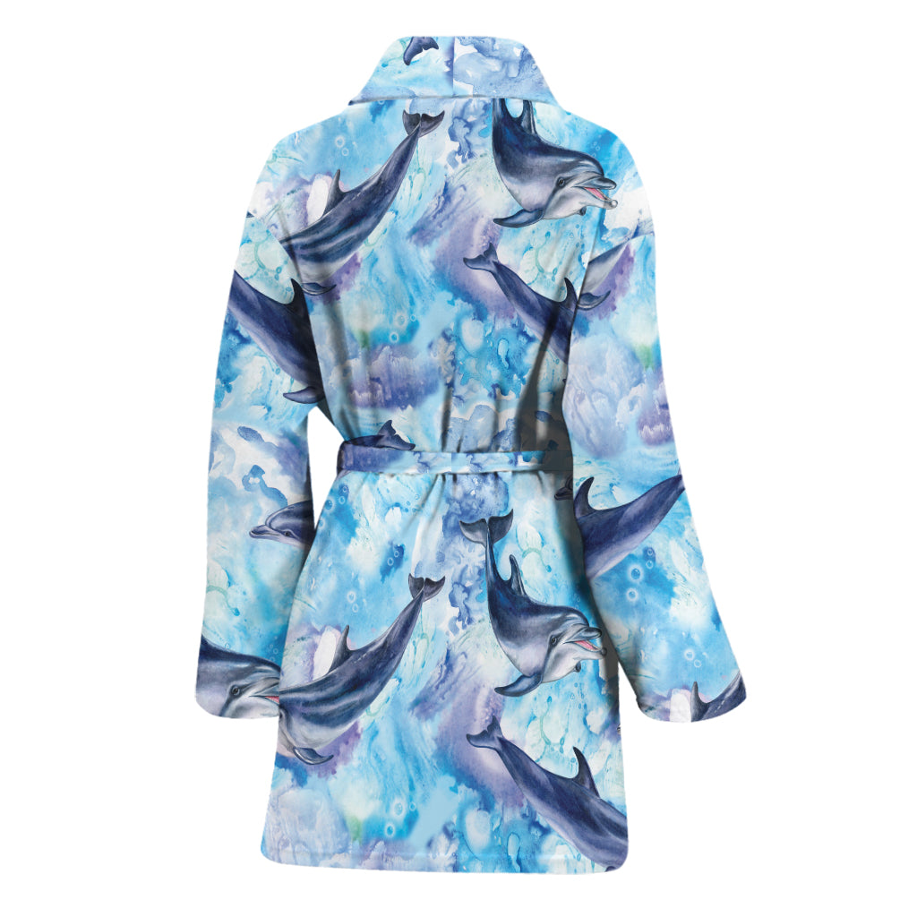 Watercolor Dolphin In The Sea Print Women's Bathrobe