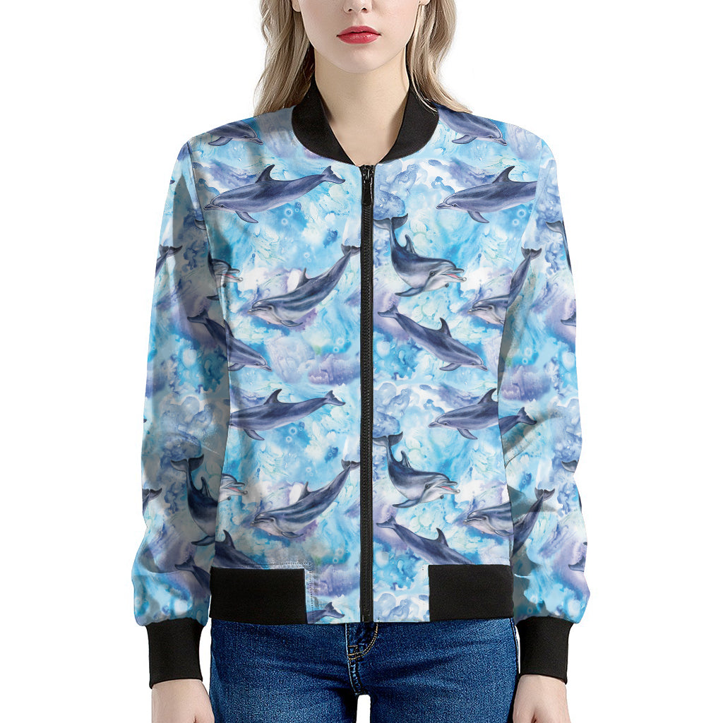 Watercolor Dolphin In The Sea Print Women's Bomber Jacket