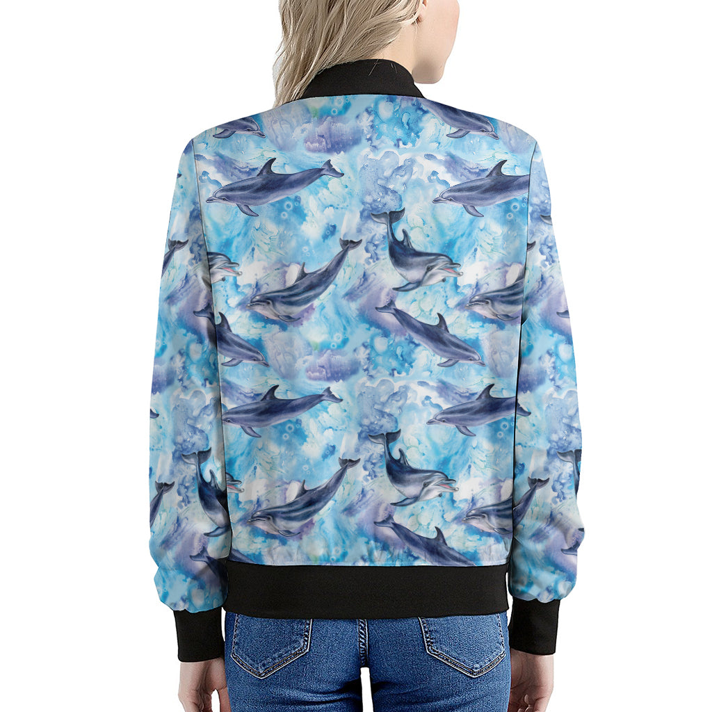 Watercolor Dolphin In The Sea Print Women's Bomber Jacket