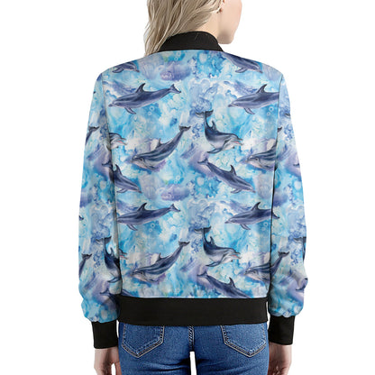 Watercolor Dolphin In The Sea Print Women's Bomber Jacket