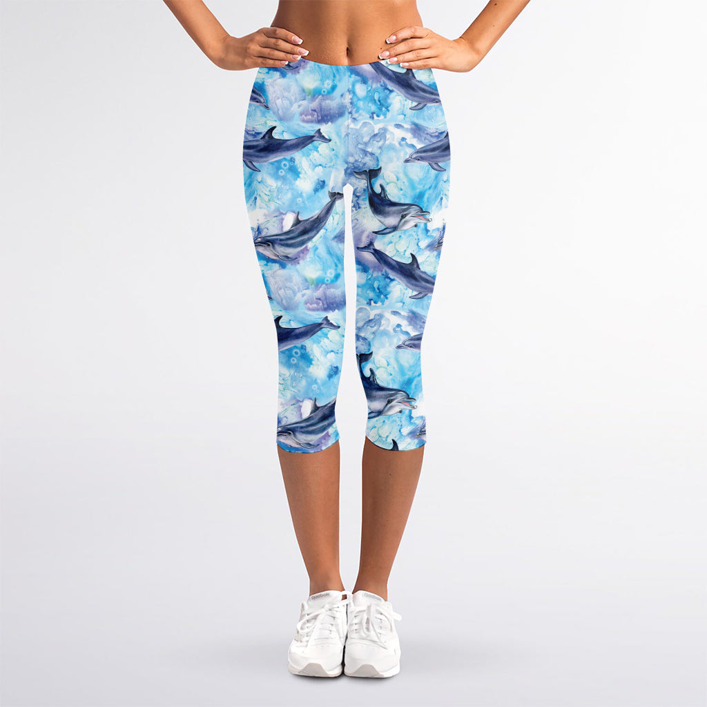 Watercolor Dolphin In The Sea Print Women's Capri Leggings