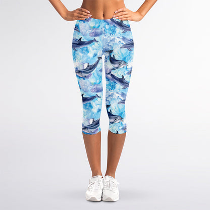 Watercolor Dolphin In The Sea Print Women's Capri Leggings