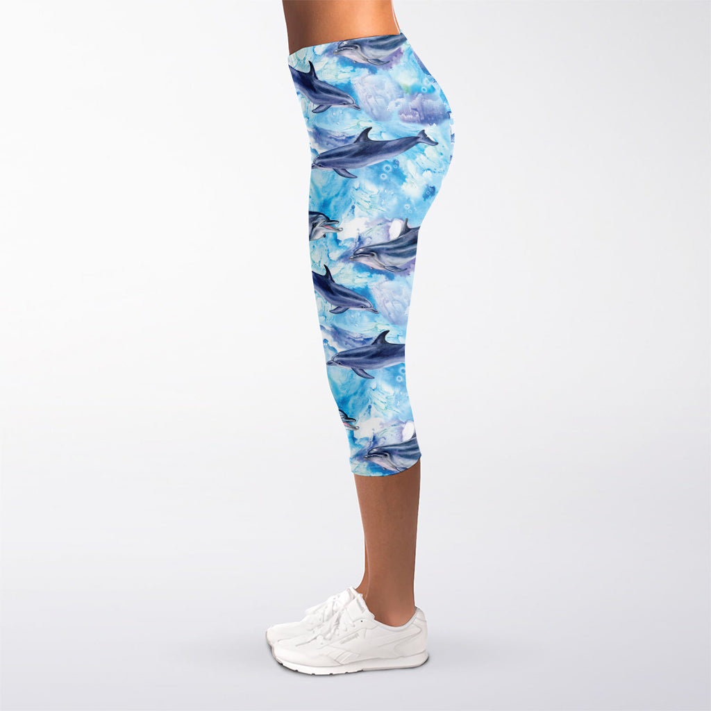 Watercolor Dolphin In The Sea Print Women's Capri Leggings