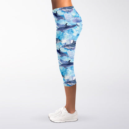 Watercolor Dolphin In The Sea Print Women's Capri Leggings