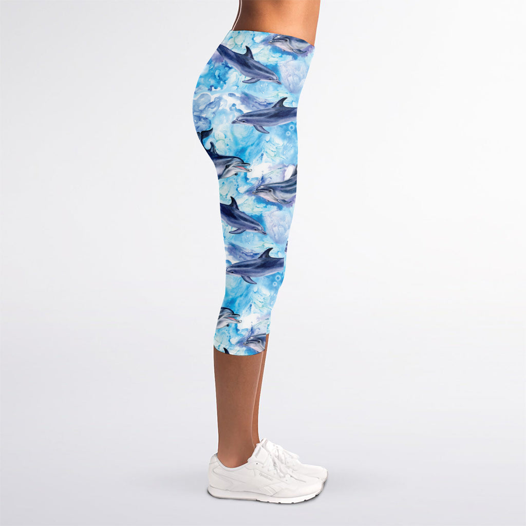 Watercolor Dolphin In The Sea Print Women's Capri Leggings