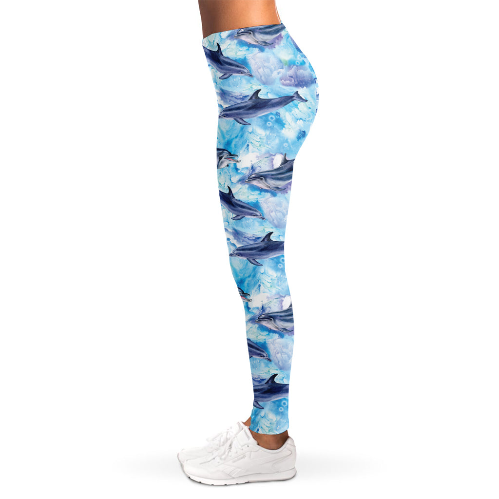 Watercolor Dolphin In The Sea Print Women's Leggings
