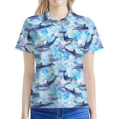 Watercolor Dolphin In The Sea Print Women's Polo Shirt