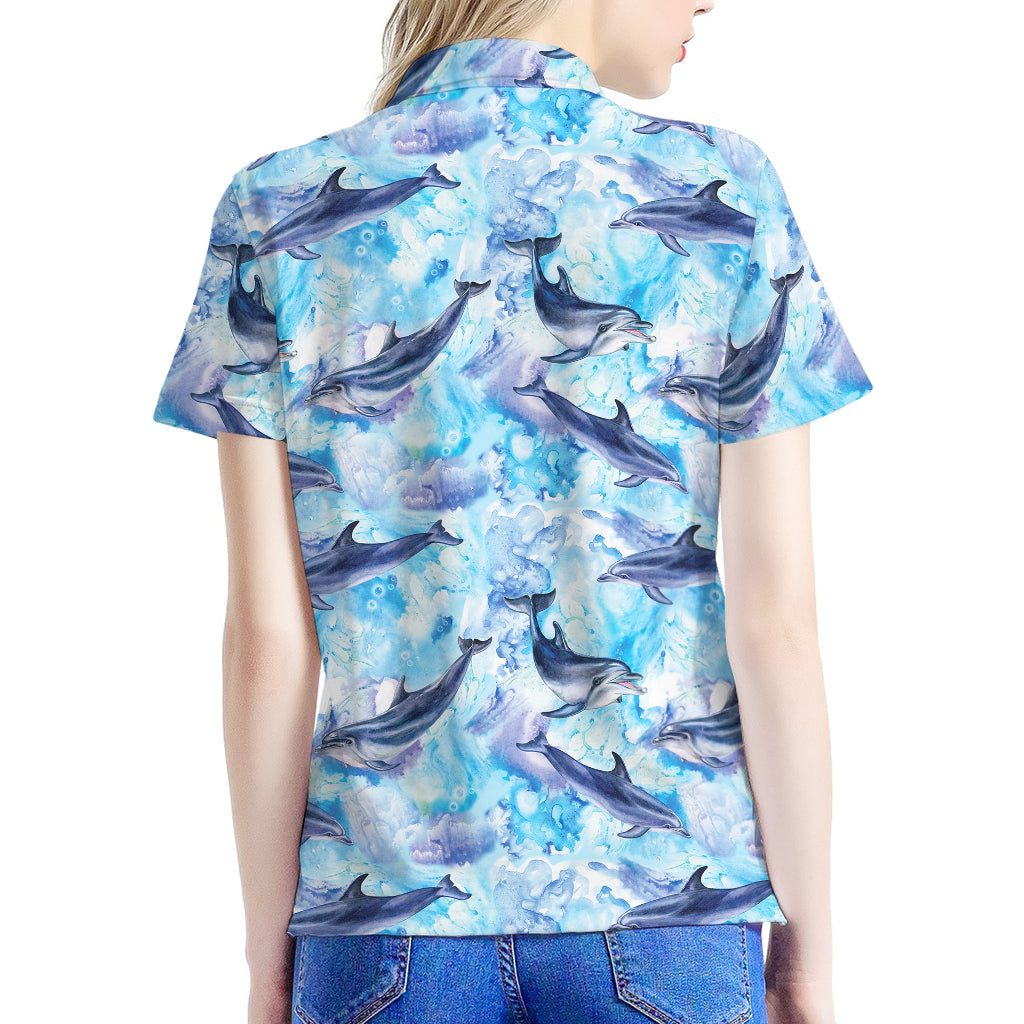 Watercolor Dolphin In The Sea Print Women's Polo Shirt