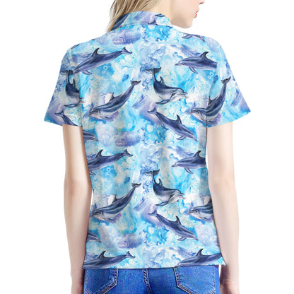 Watercolor Dolphin In The Sea Print Women's Polo Shirt