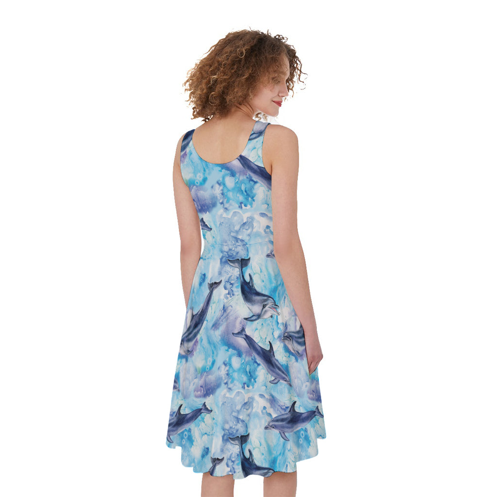 Watercolor Dolphin In The Sea Print Women's Sleeveless Dress