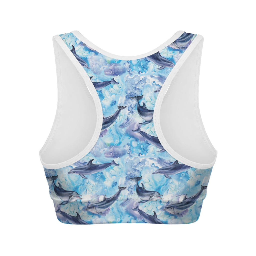 Watercolor Dolphin In The Sea Print Women's Sports Bra