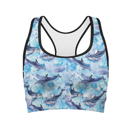 Watercolor Dolphin In The Sea Print Women's Sports Bra