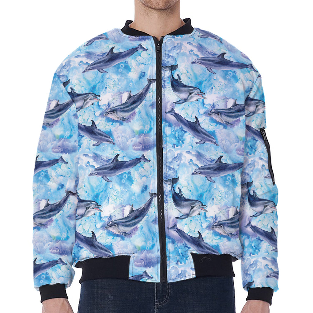 Watercolor Dolphin In The Sea Print Zip Sleeve Bomber Jacket
